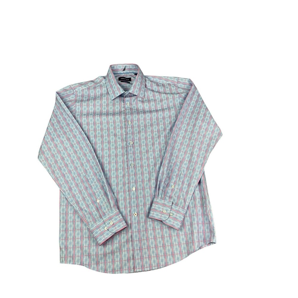 Nautica Slim Fit Men’s Button Up Shirt, Light Blue Pink Plaid Size Medium